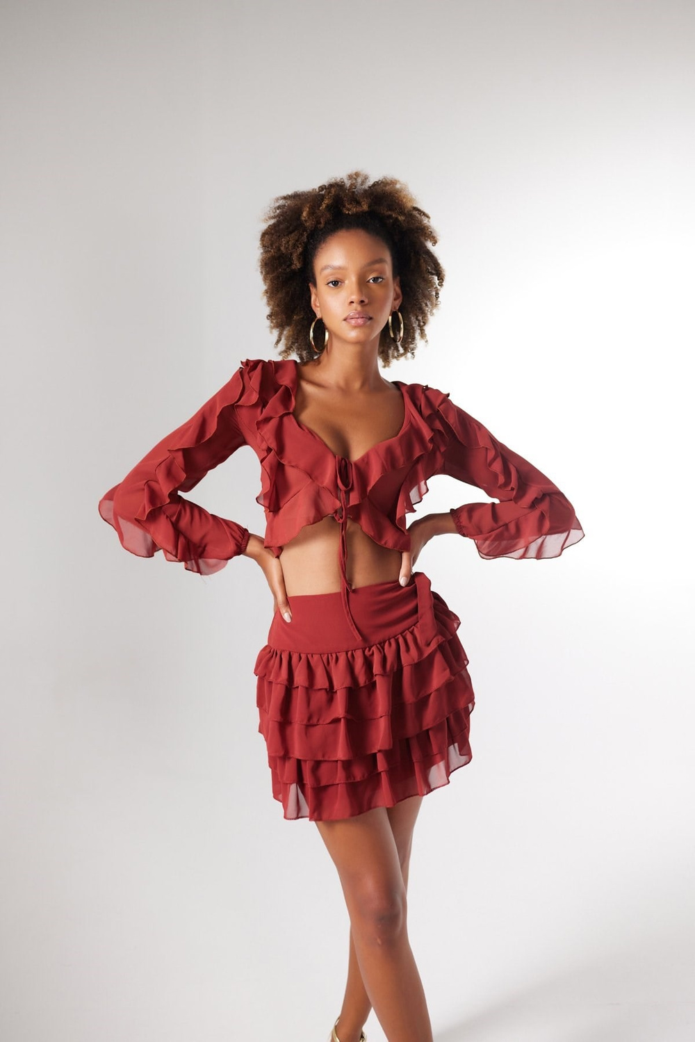 Crop Model Bağlamalı Kol Detaylı Elsa Bluz Kahve