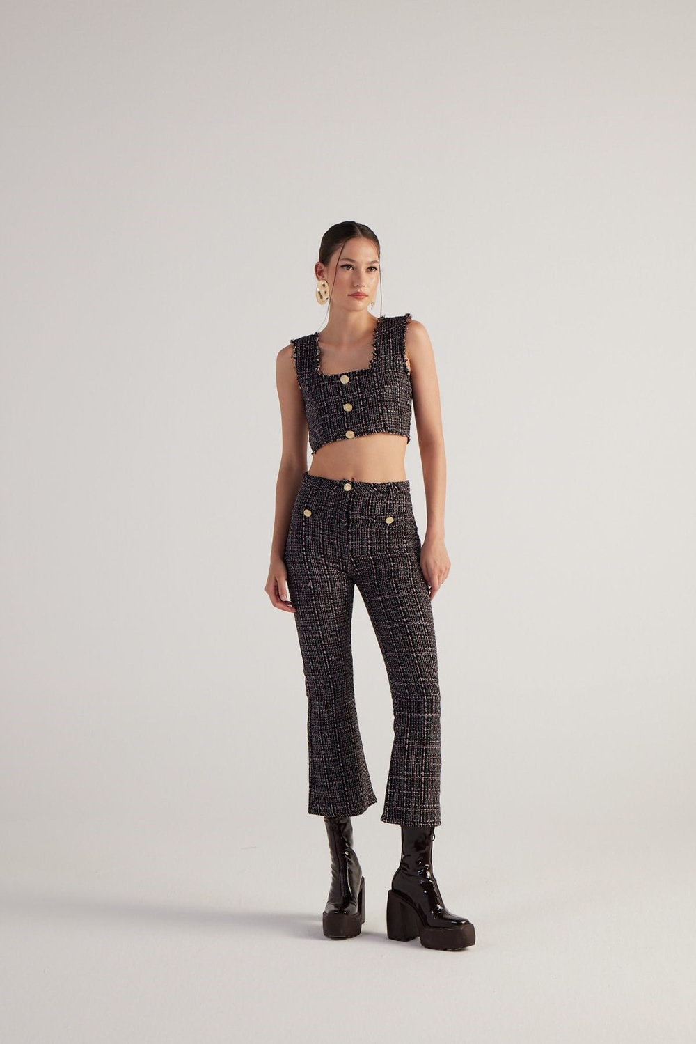 İspanyol Kesim Tüvit Tweed Pantolon Siyah