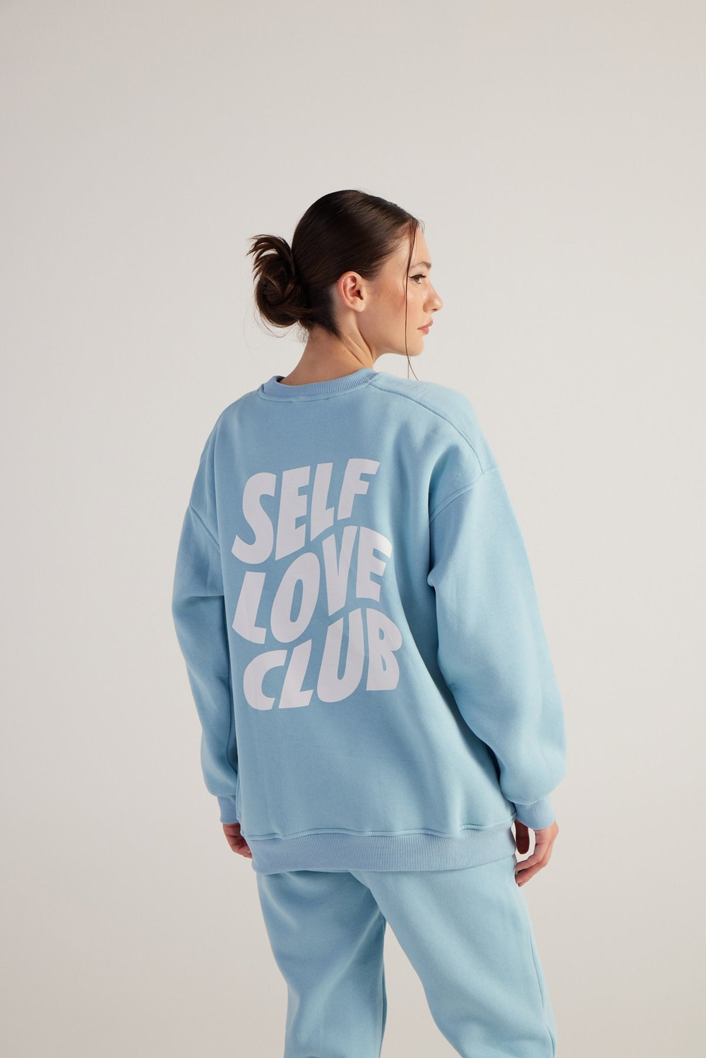 Kadın Mavi Oversize Şardonlu Yazı Baskılı Fluffy Sweatshirt