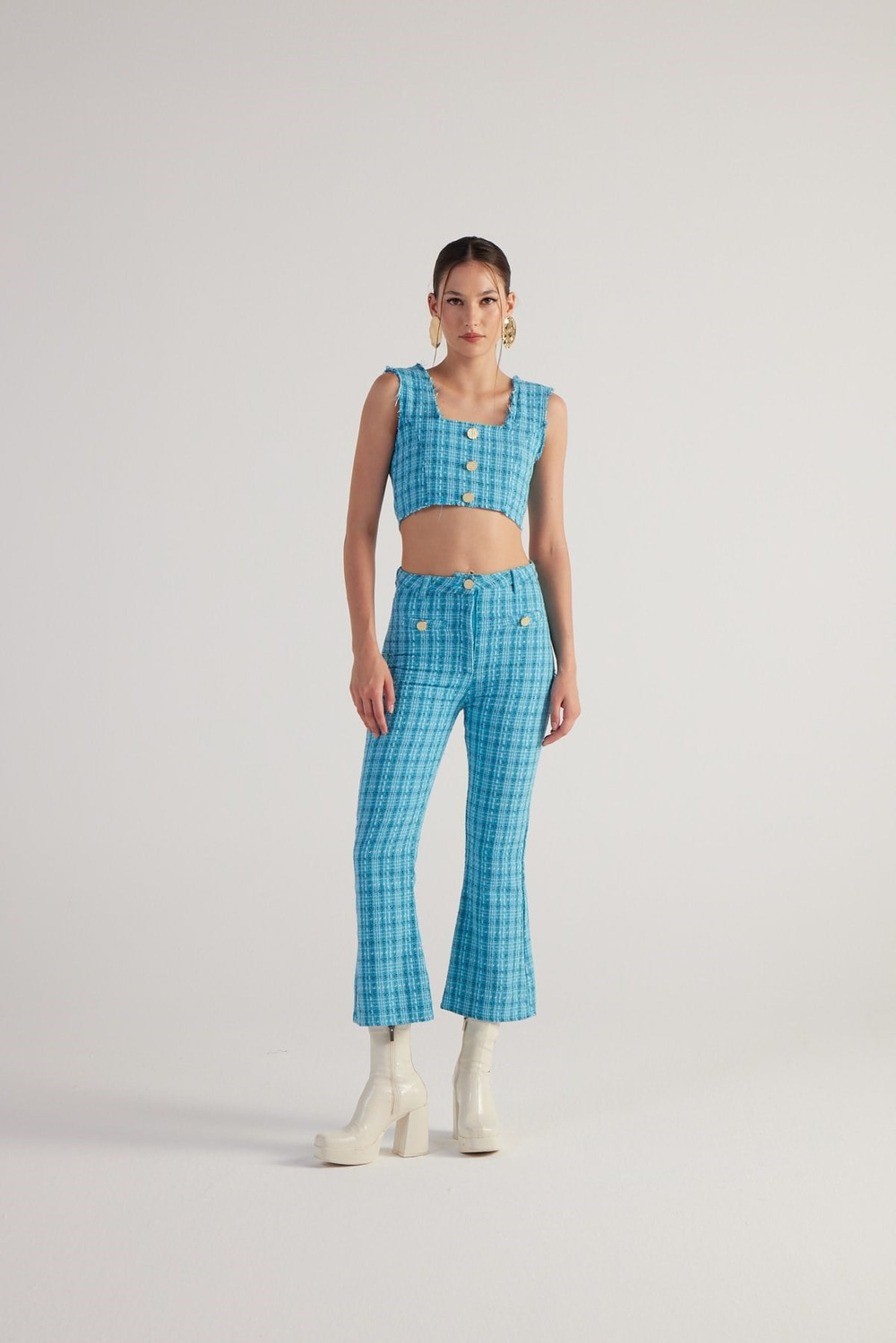 İspanyol Kesim Tüvit Tweed Pantolon Mavi
