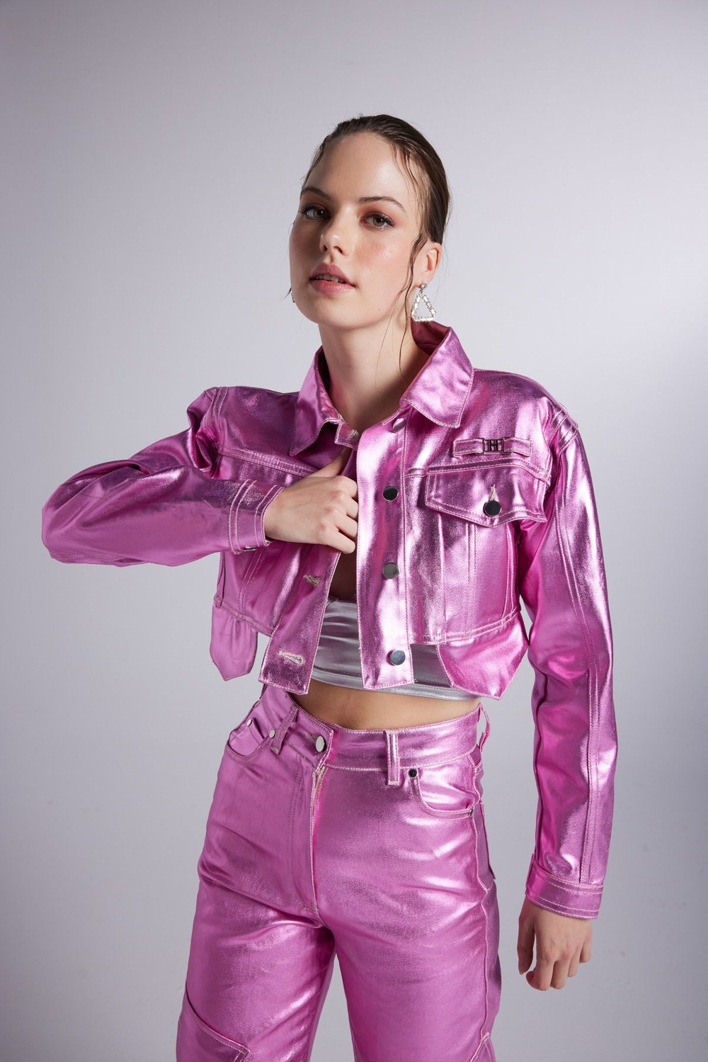 Varak Kaplama Crop Millen Ceket Pembe
