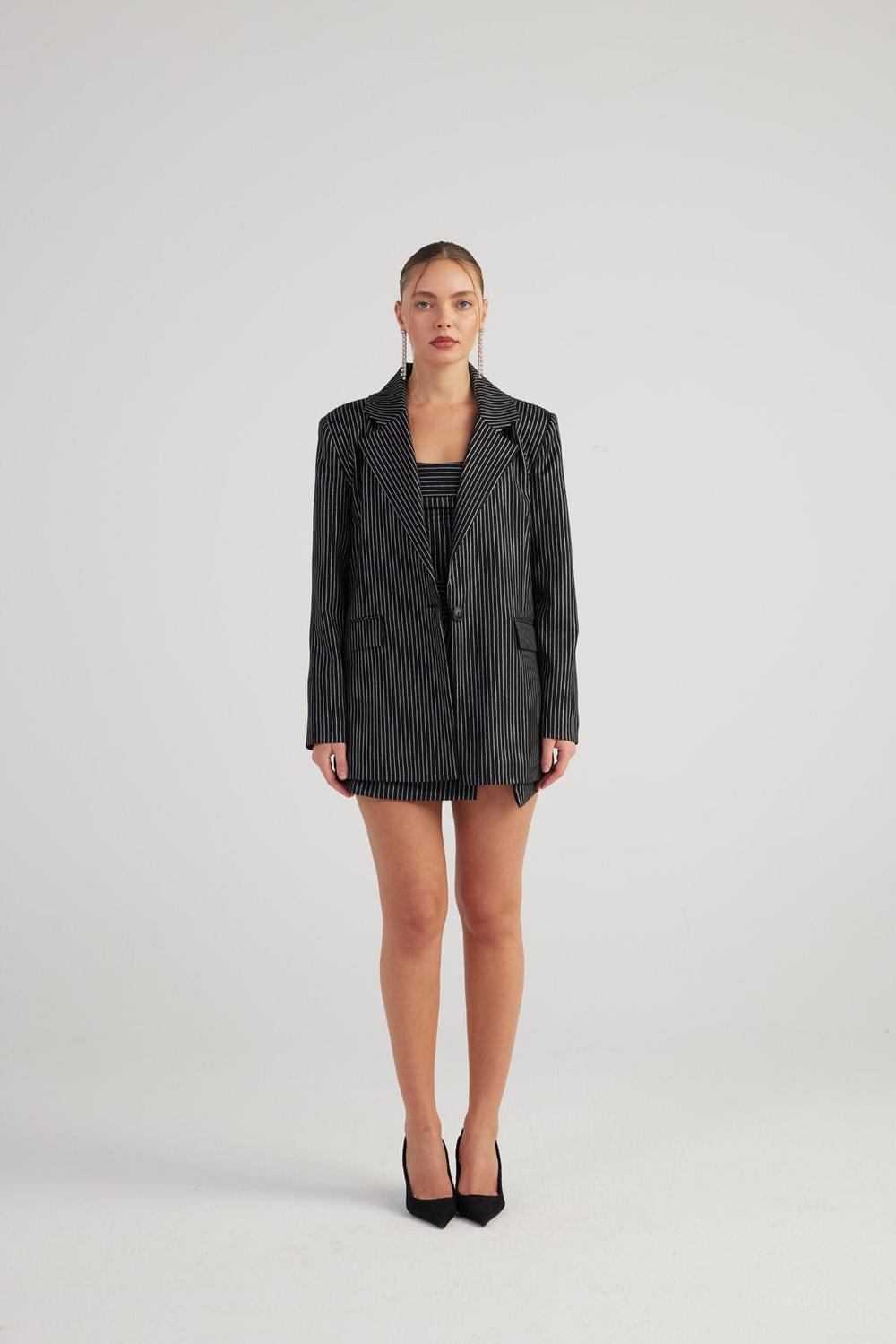 Oversize Kesim Simli Çizgili Eden Blazer Ceket Siyah