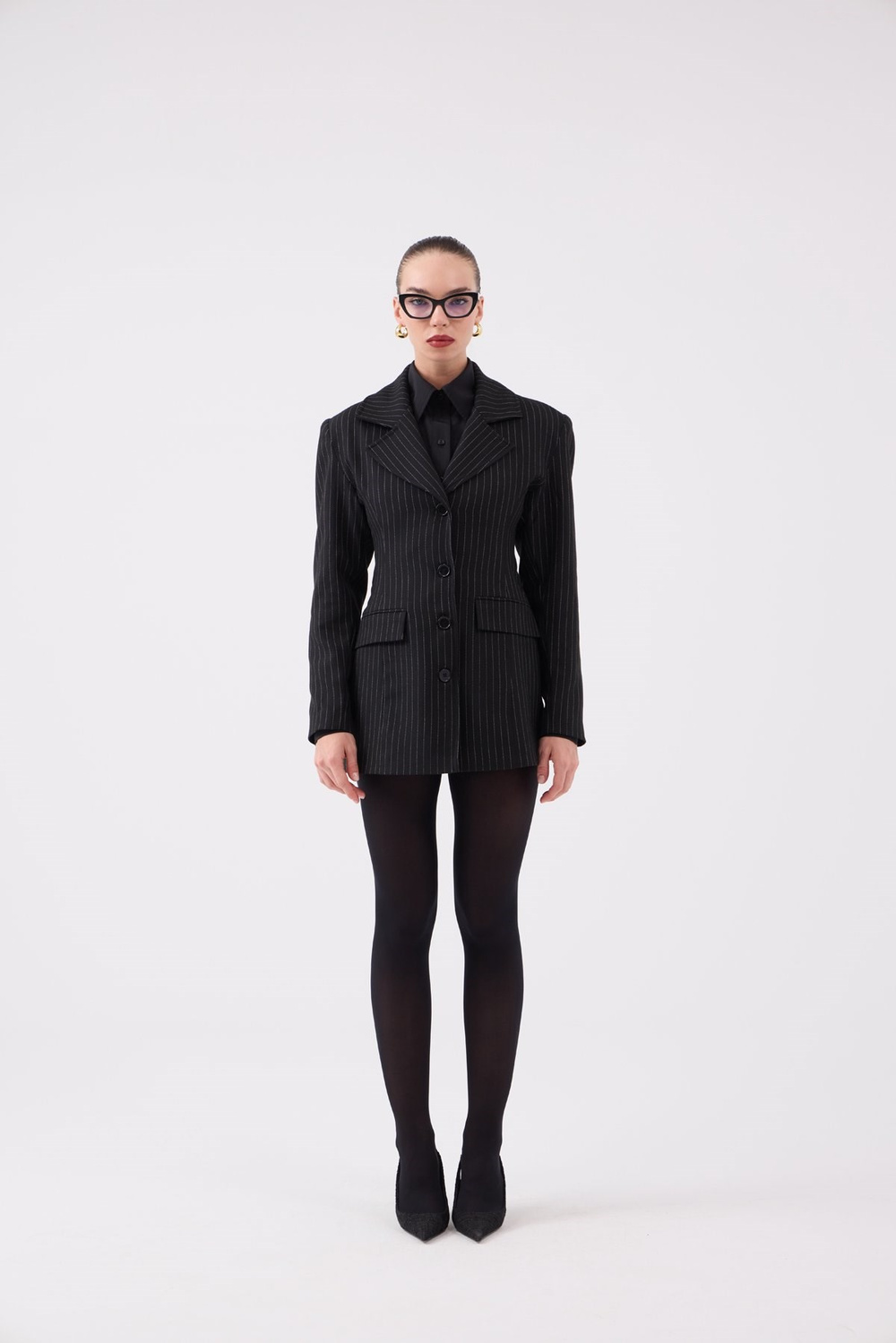 Belden Oturmalı Çizgili Fit Kesim Karen Blazer Ceket Siyah