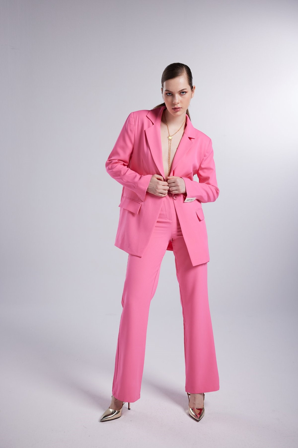Yüksek Bel Düğme Kapamalı Panky Pantolon Pembe