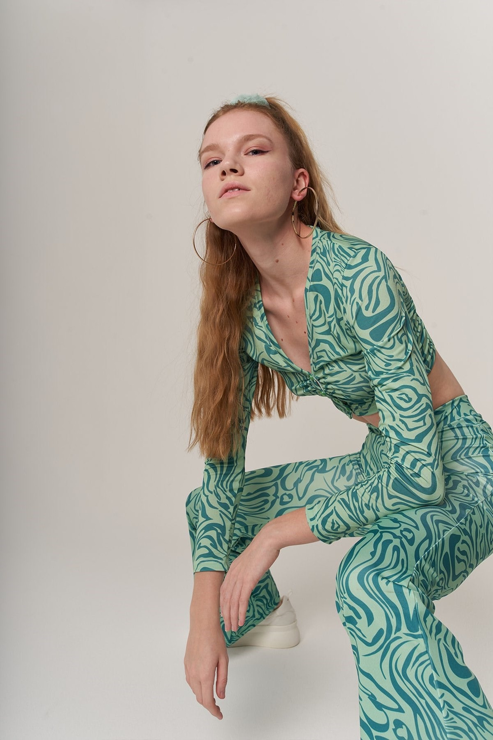 Crop Model Esnek uzun Kol Volera Bluz Yeşil