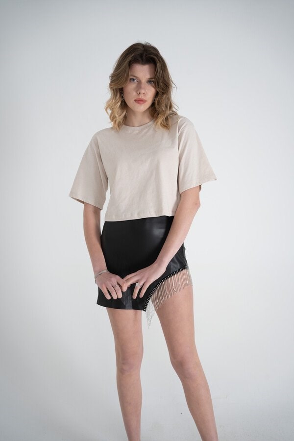 Kısa Kol Bisiklet Yaka Basic Viole Tshirt Bej