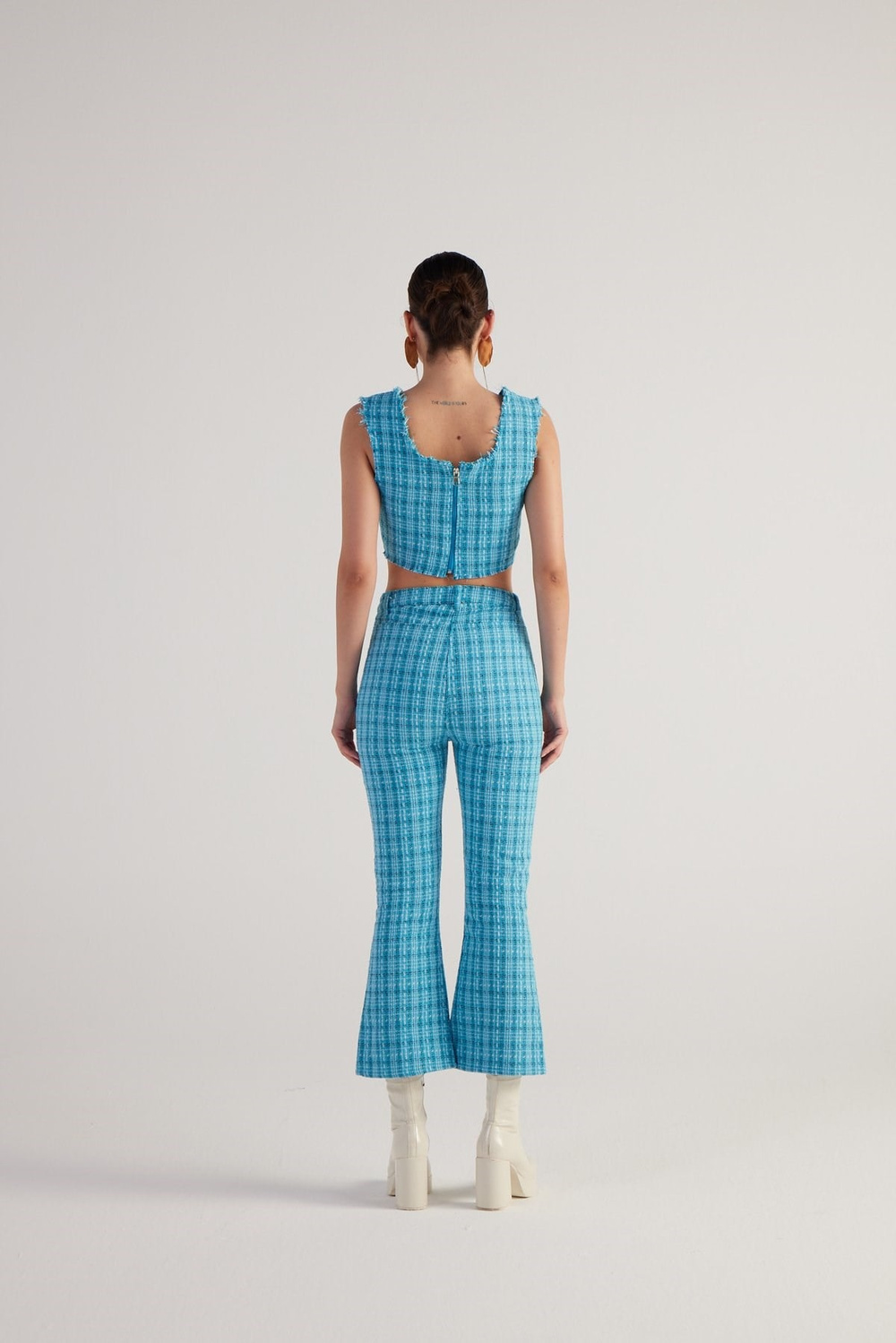 Tüvit Kumaş Crop Tweed Büstiyer Mavi