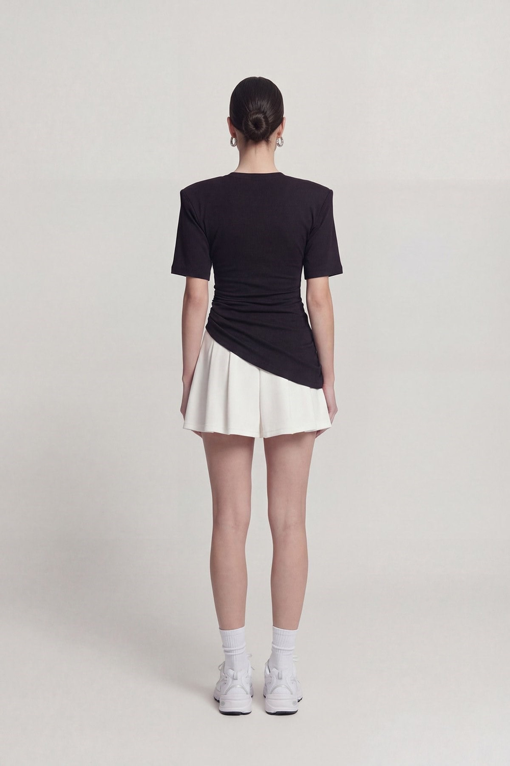 Demie T-Shirt with Gathered Detail and Padded Shoulders, Black