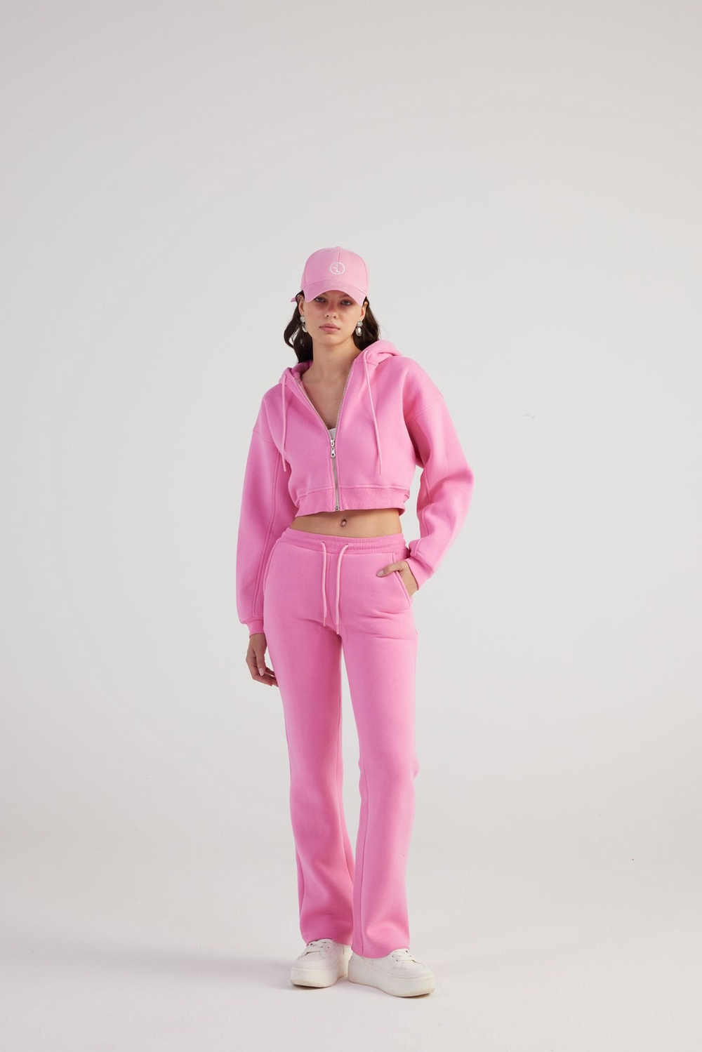 Kadın Pembe Yüksek Bel Straight Kesim Şardonlu Mixed Eşofman Altı