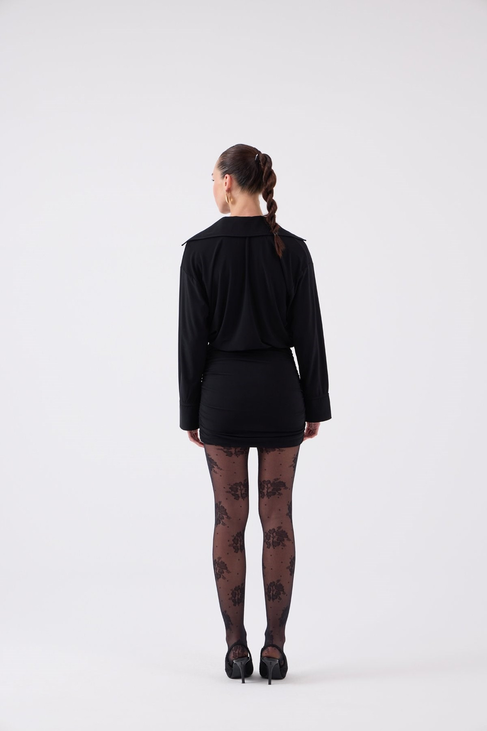 Jaida Dress with Gathered Hem and Shirt Collar, Black