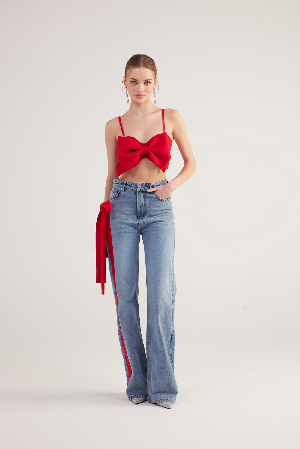 Yüksek Bel Kurdele Detaylı Wide Leg Kyla Jean Pantolon Mavi