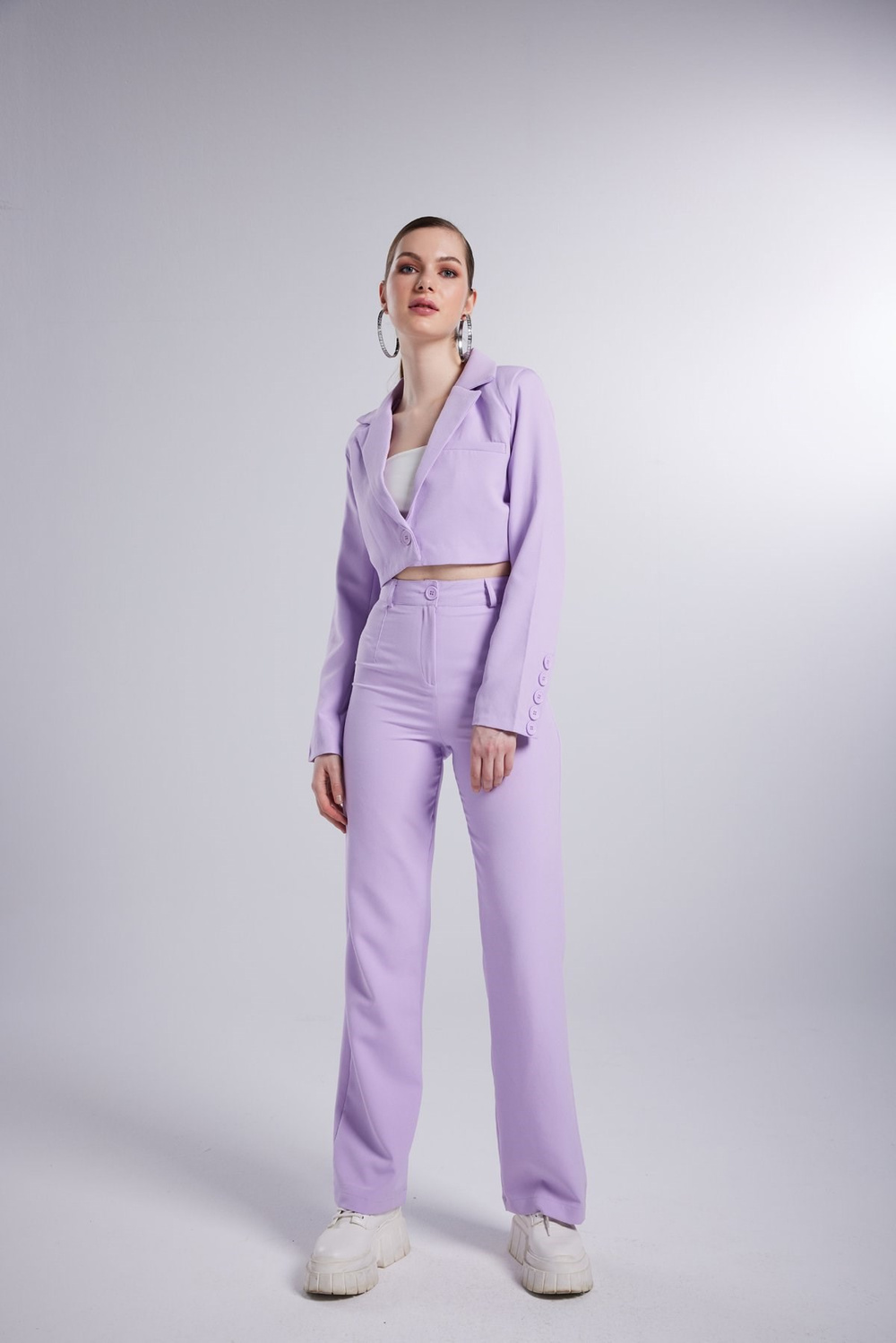 Vatkalı Atlas Kumaş Crop Model Panky Ceket Lila