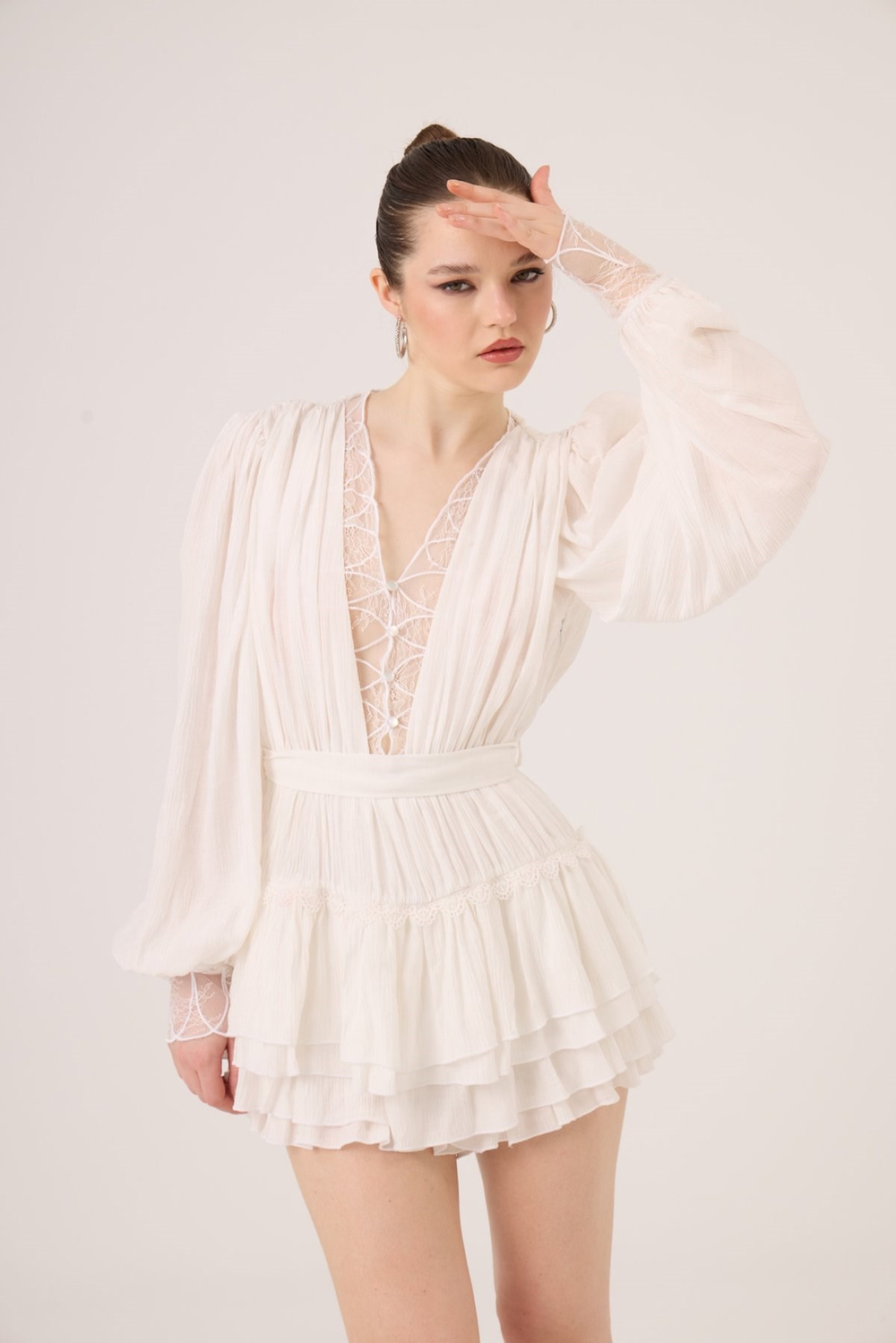 Olanna Dress with Lace Details and Ruffles, White