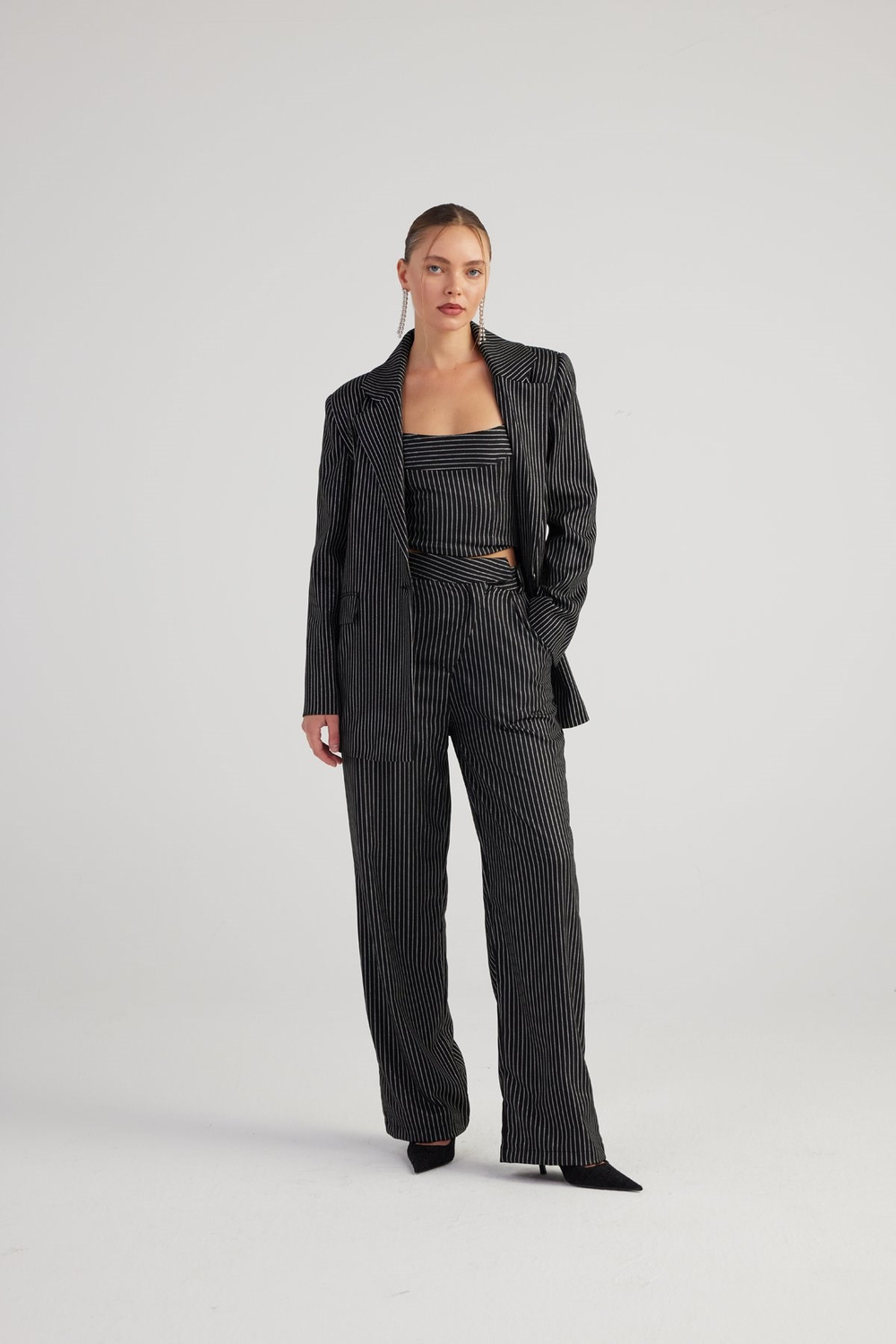 Oversize Kesim Simli Çizgili Eden Blazer Ceket Siyah