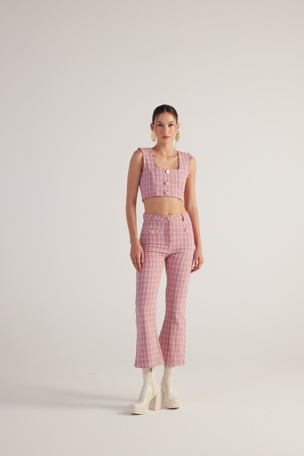 İspanyol Kesim Tüvit Tweed Pantolon Pembe