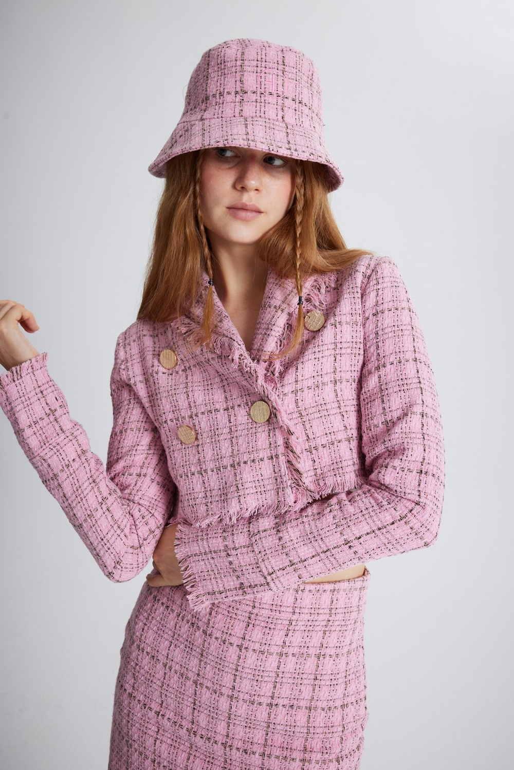 Tüvit Kumaş Crop Tweed Ceket Pembe