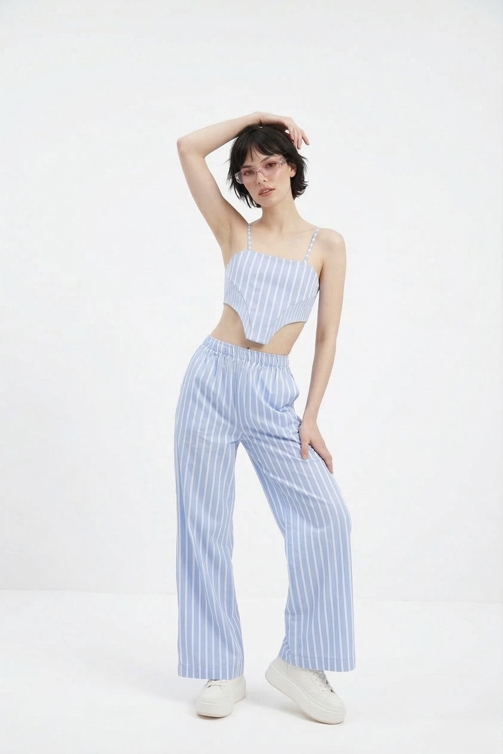 Beli Lastikli Çizgili Harmony Poplin Pantolon Mavi