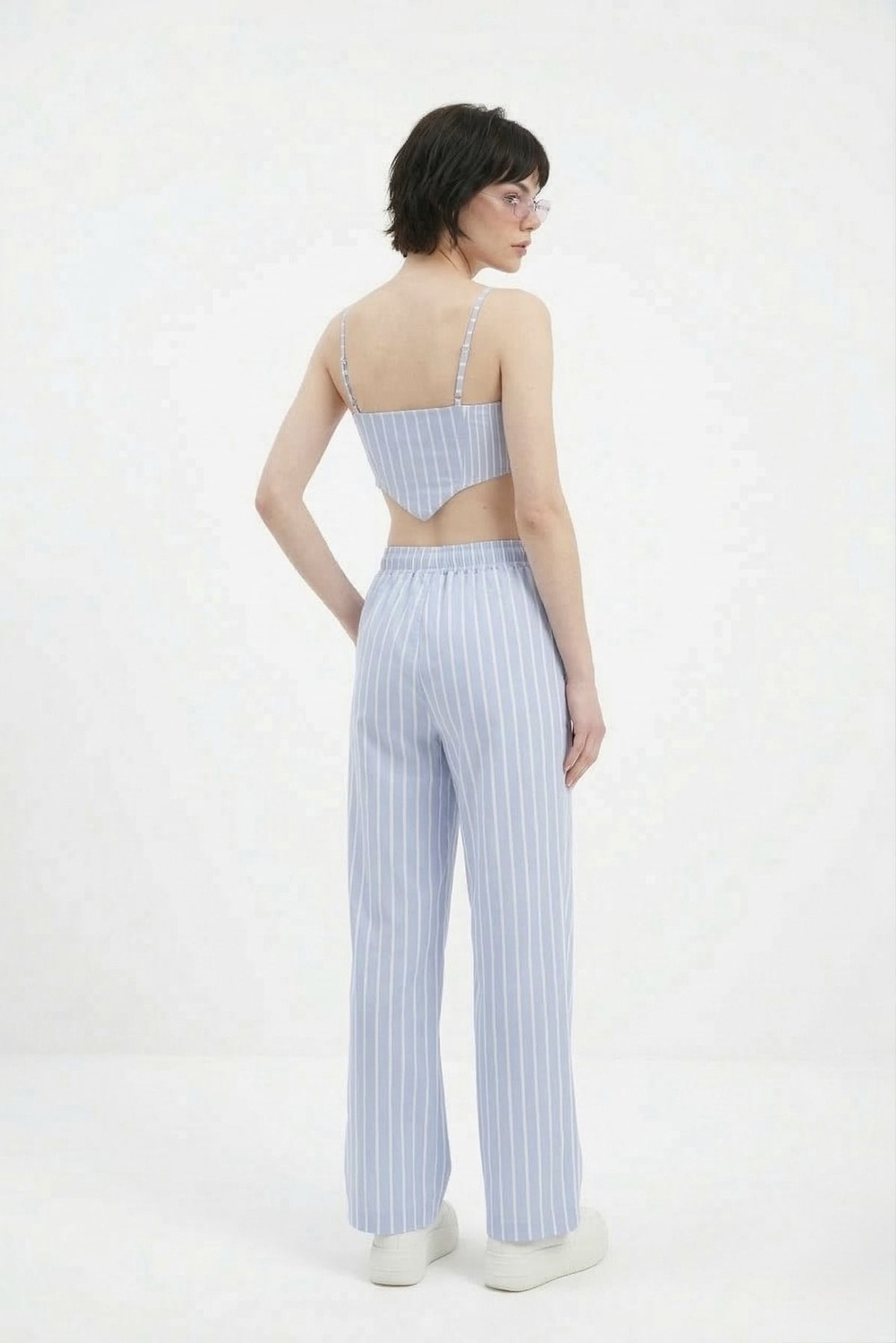 Beli Lastikli Çizgili Harmony Poplin Pantolon Mavi