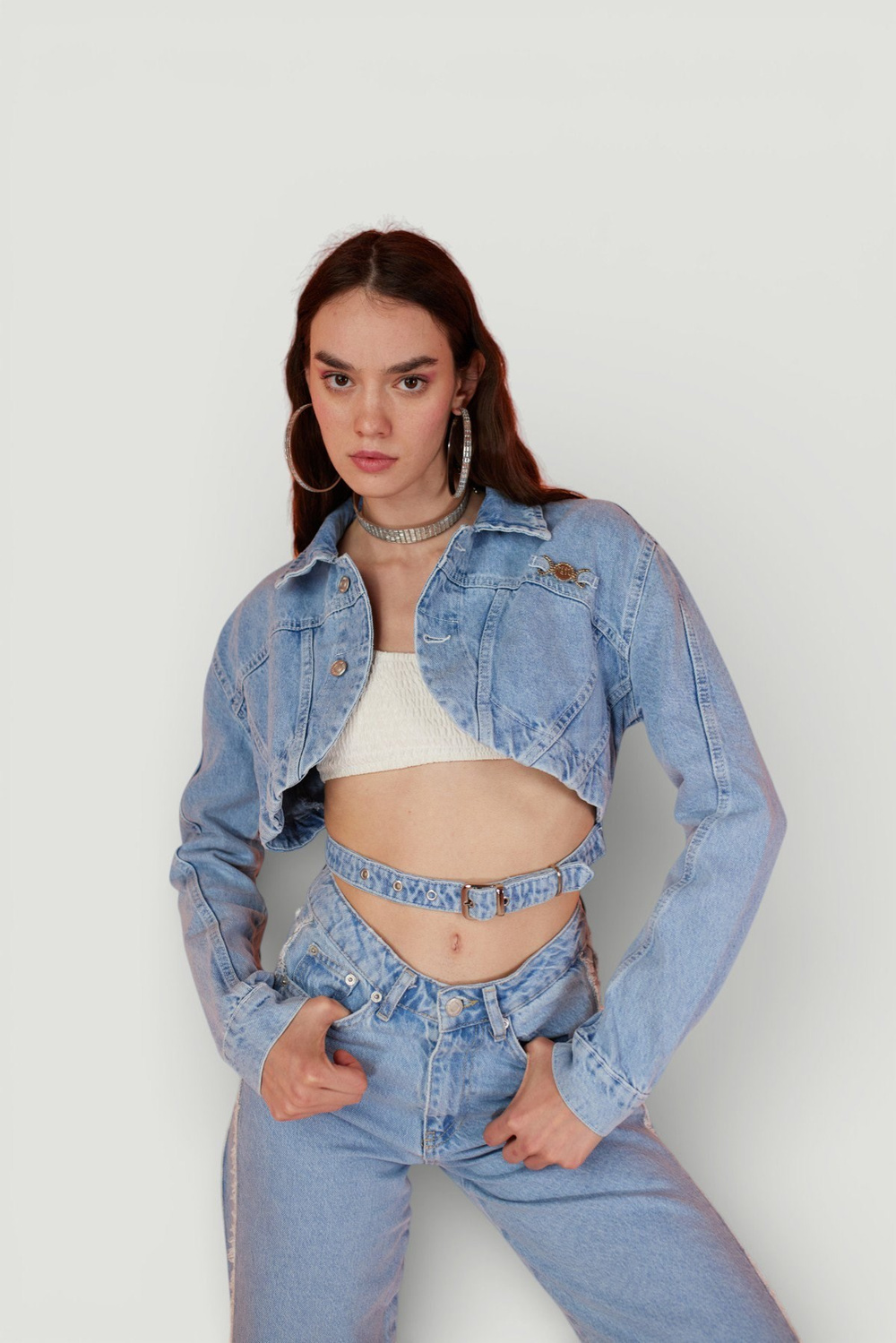 Crop Model Düğme Kapamalı Biana Jean Ceket Mavi