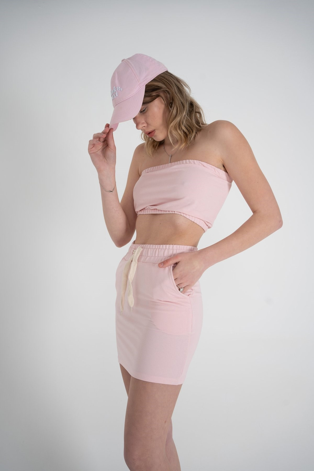 Mini Boy Bel Lastikli ve İpli Cepli Toa Etek Pembe