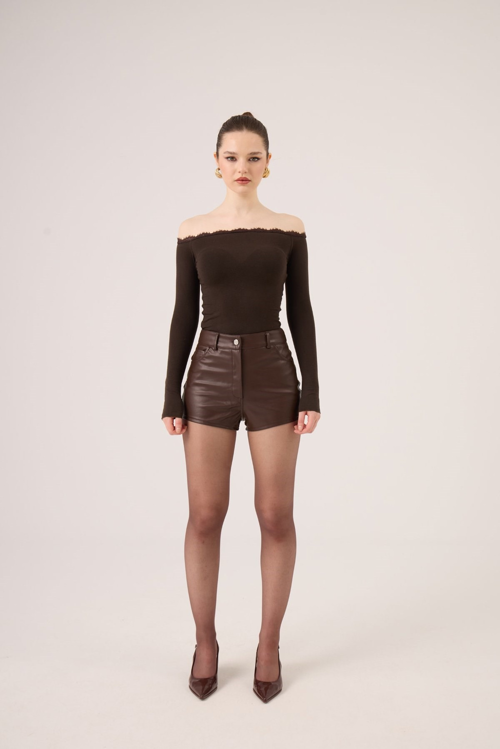 Madonna Neckline Lace Macy Cashmere Blouse, Brown