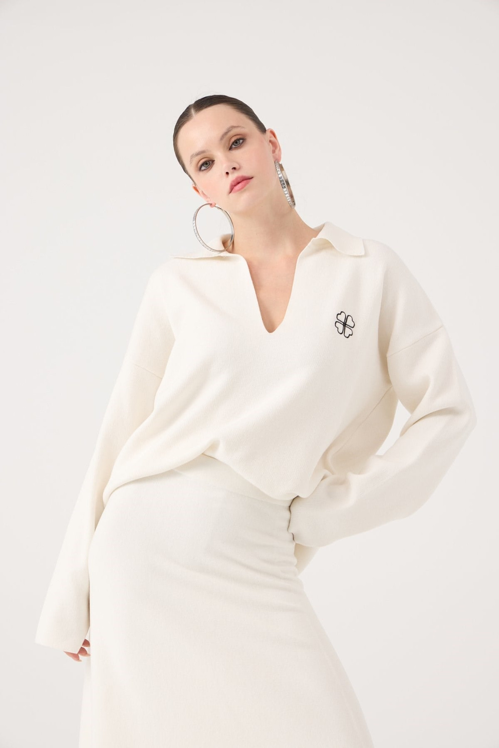 Oversize Kesim Polo Yaka Zoi Triko Kazak Beyaz