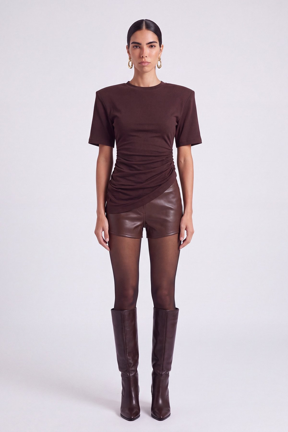 High Waist Mini Meghan Leather Shorts Brown