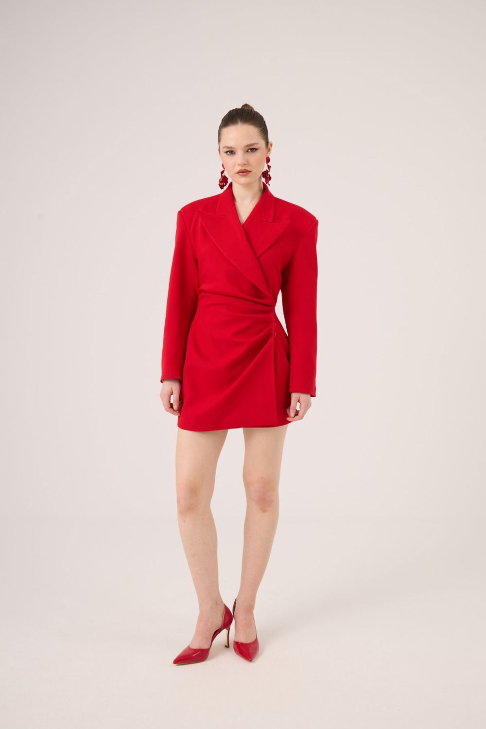Heleni Blazer Jacket with Draped Waist, Red