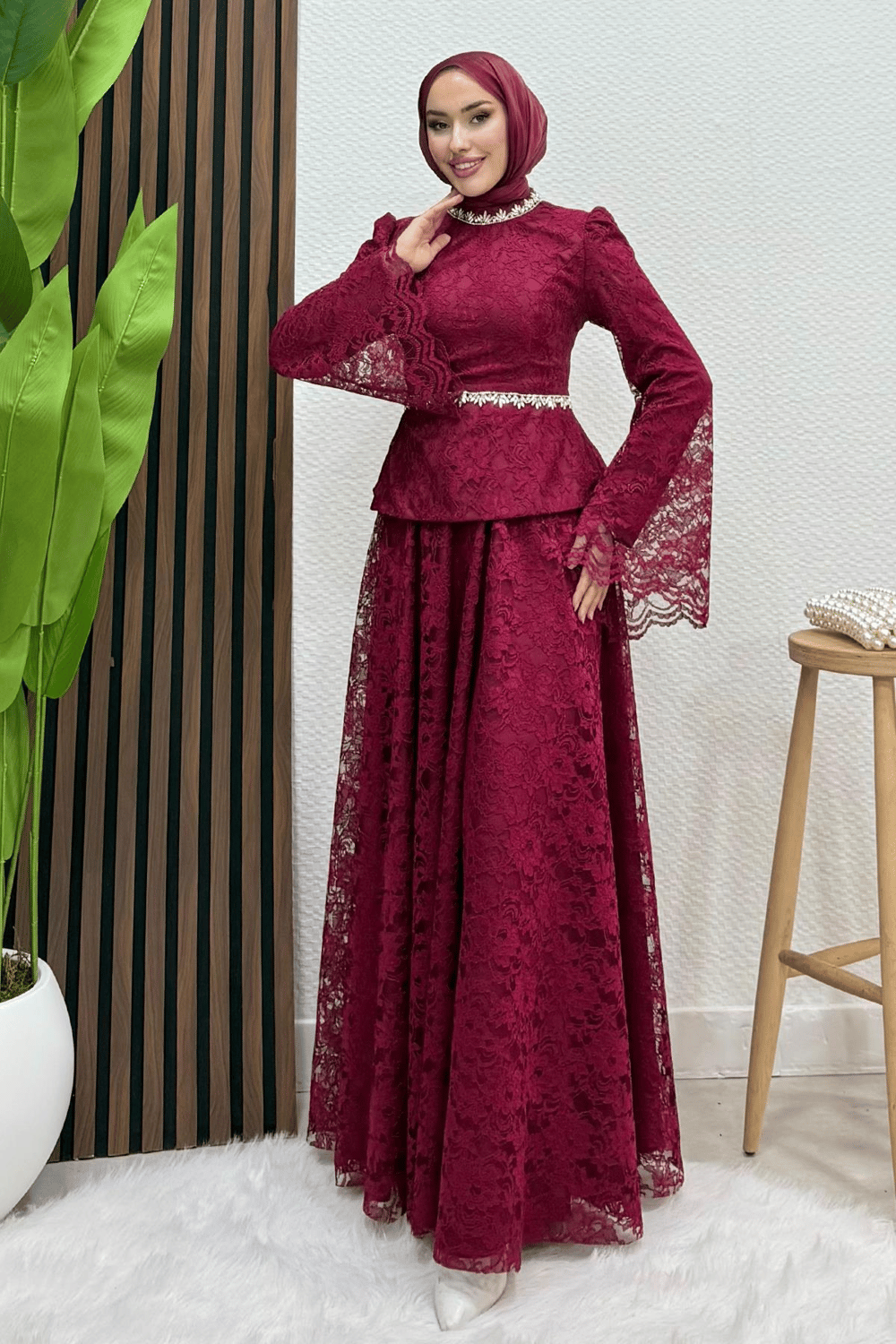 Fransa Dantel Takım Bordo