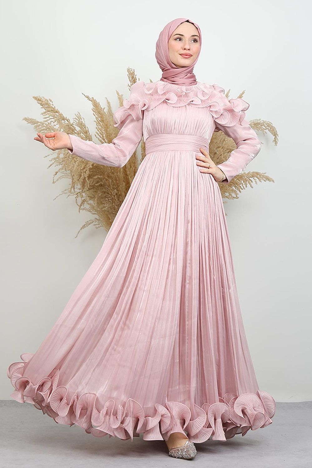 Kabartma Detay Yoryo Abiye Soft Pembe