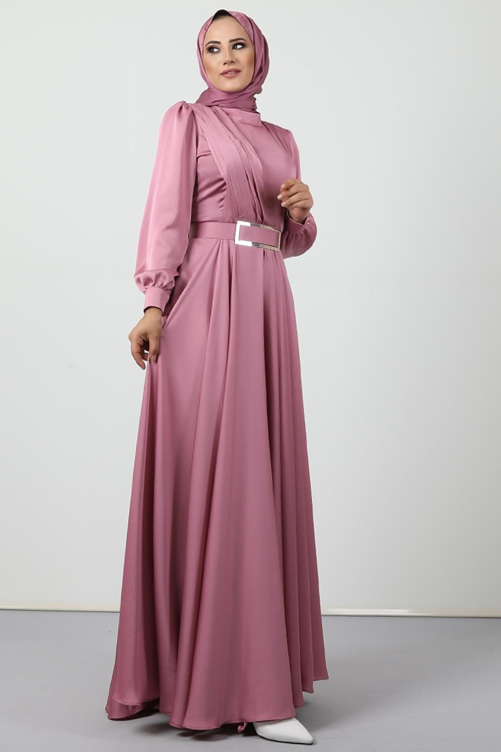 Önü Pileli Tesettür Abiye Pembe