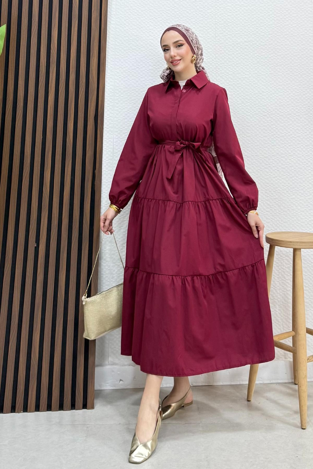 Standart Yaka Düğmeli Elbise Bordo