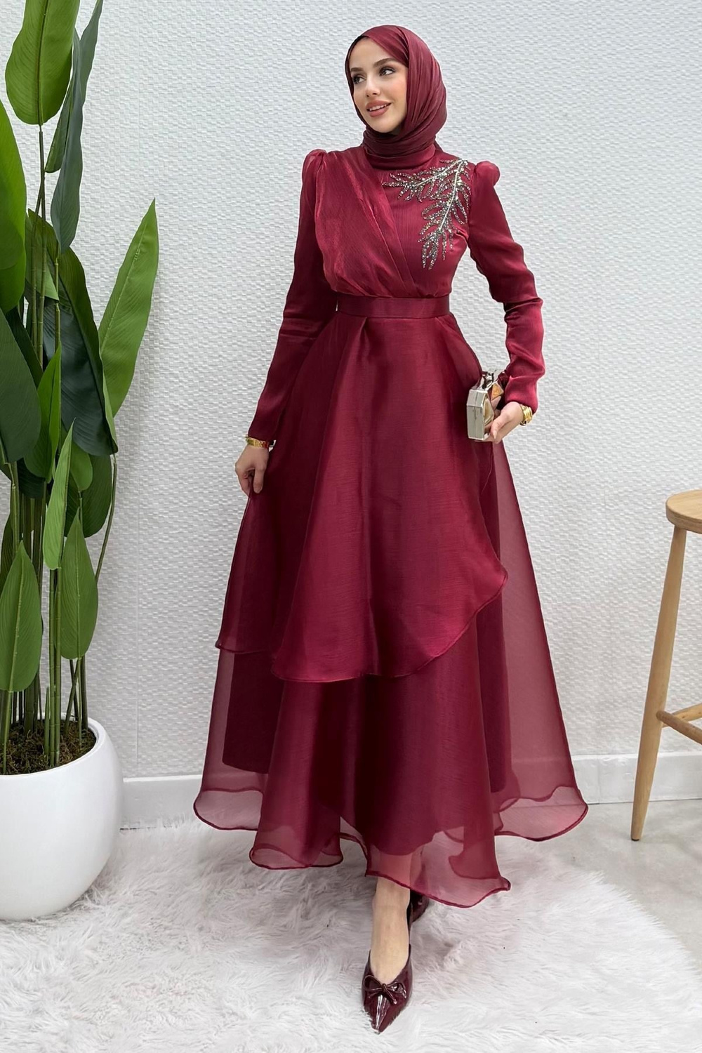 Taşlı Organze Abiye Bordo