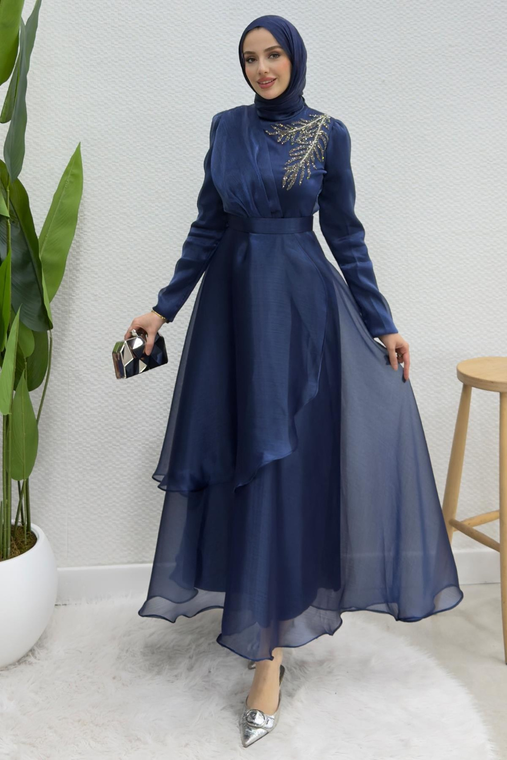 Taşlı Organze Abiye Lacivert