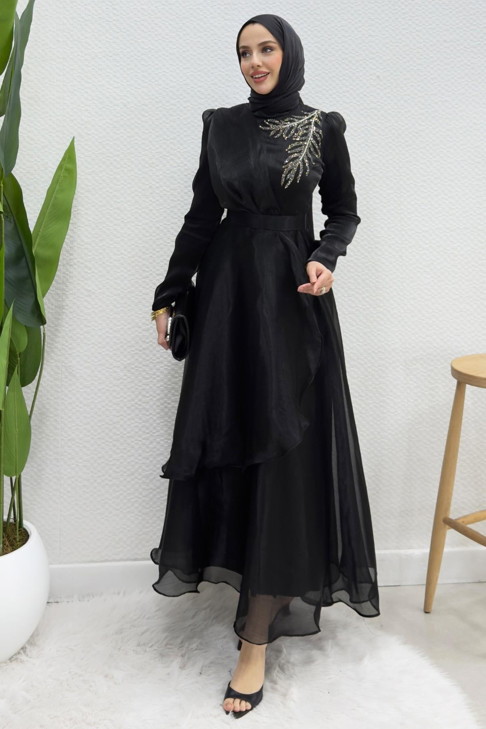 Taşlı Organze Abiye Siyah