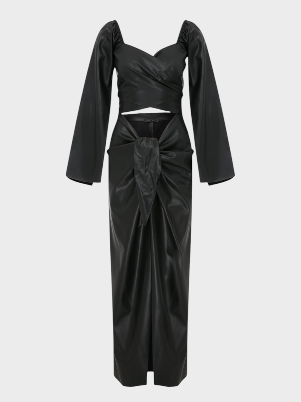 2 Parçalı Önü Bağlamalı Dekolteli Uzun Vegan Deri Elbise - Siyah