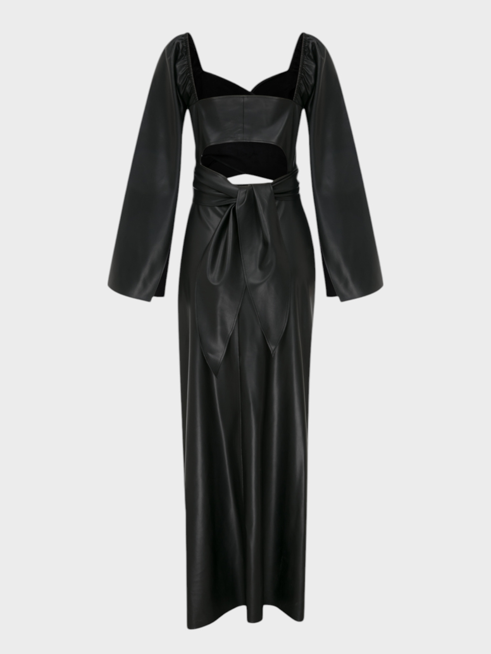 2 Parçalı Önü Bağlamalı Dekolteli Uzun Vegan Deri Elbise - Siyah