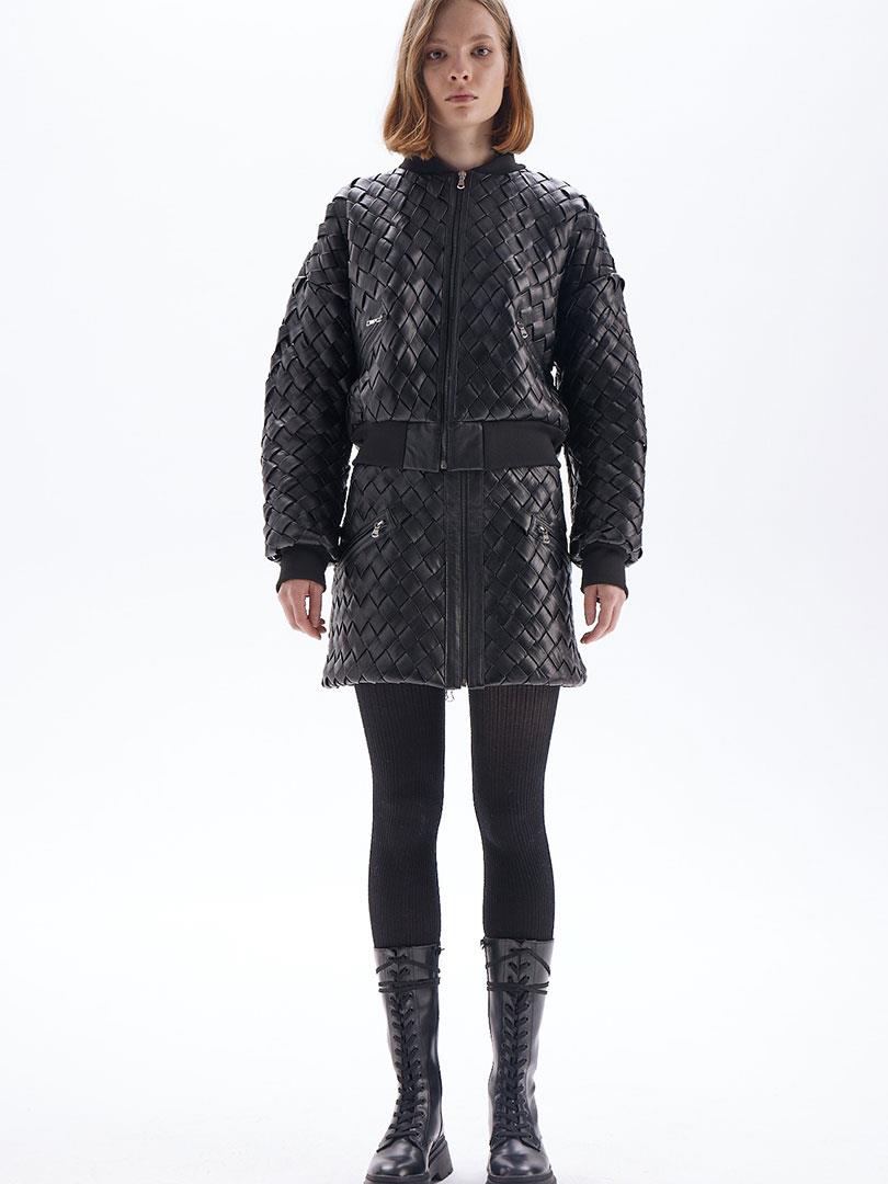 Örgü Deri Etek -Siyah