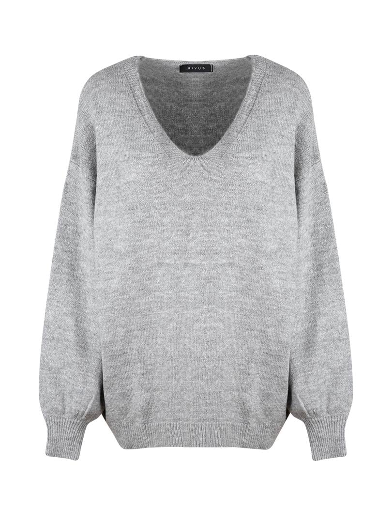 V Yaka Oversize Triko - Gri Melanj