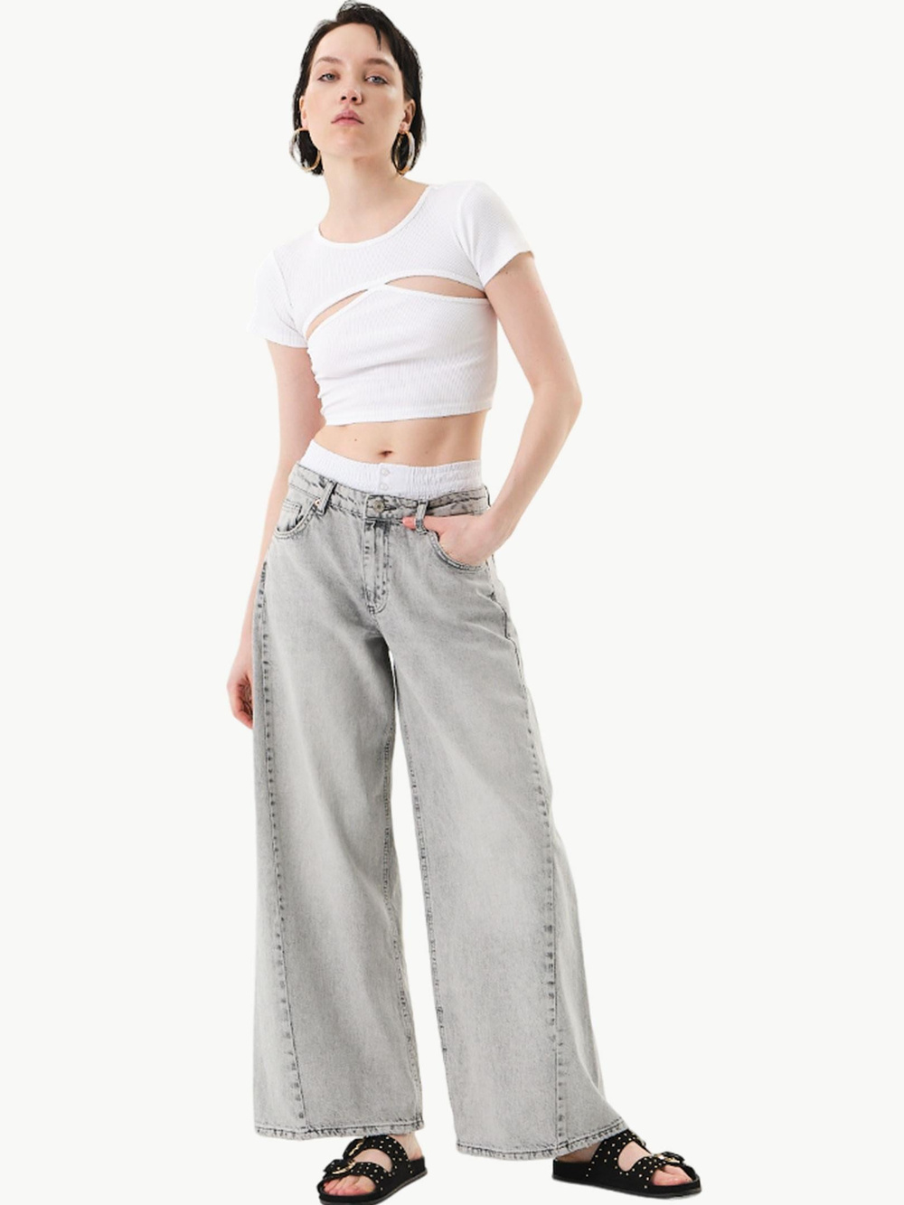 Beli Garni Detaylı Baggy Jean Pantolon - Gri