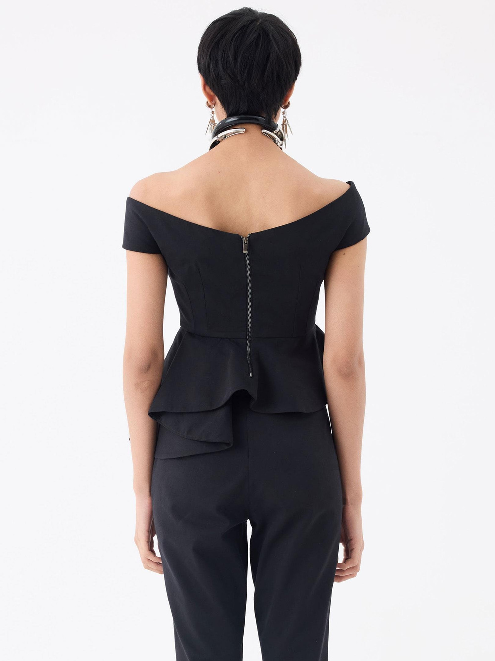 Asimetrik Volan Detaylı Omuzsuz Bustiyer Bluz - Siyah