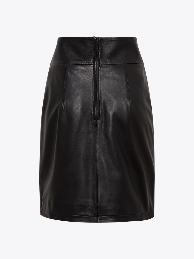 Bel Detaylı Deri Etek - Siyah