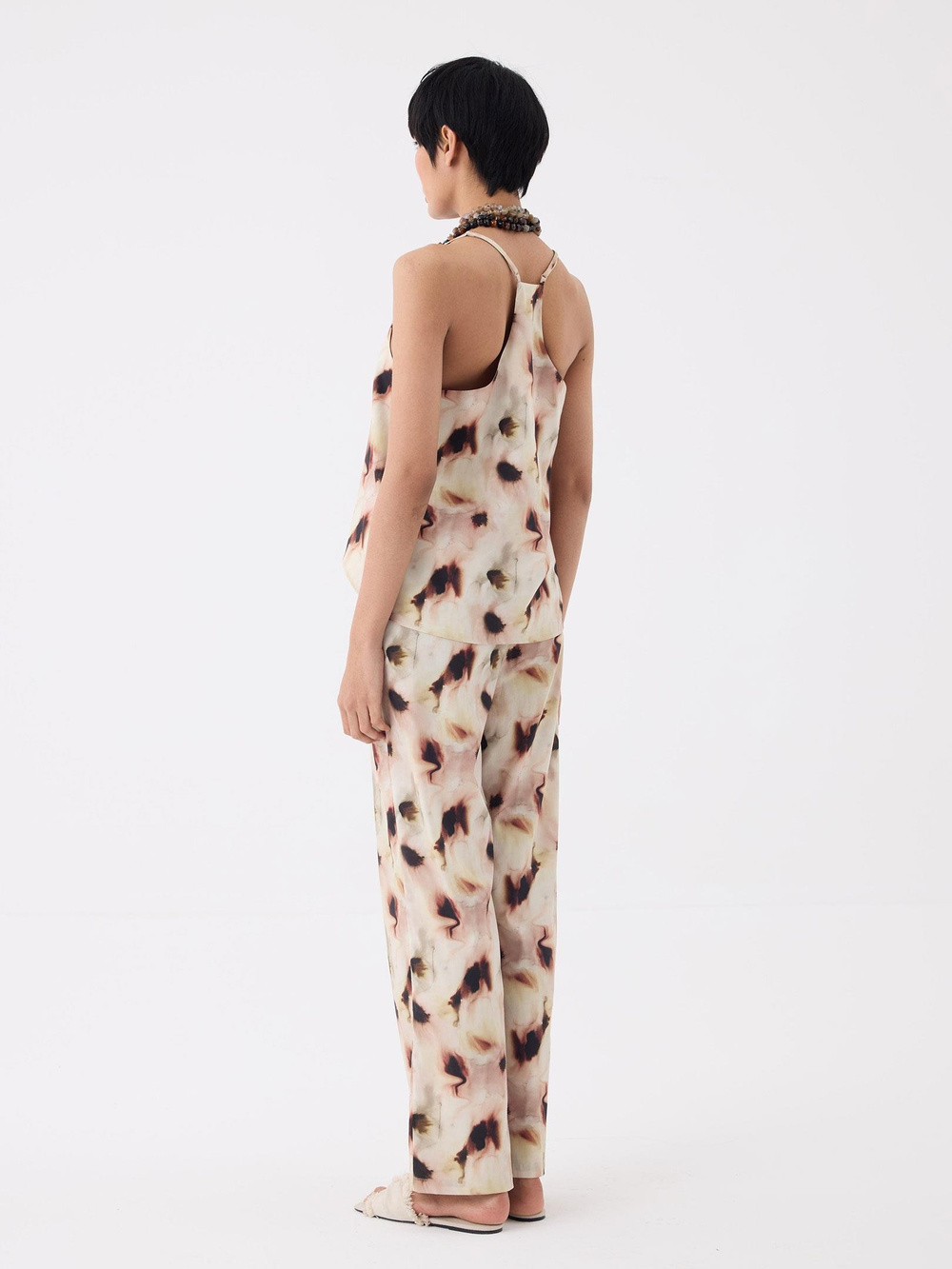 Çiçek Desenli Beli Lastikli Geniş Paça Pantolon - Bej Desenli