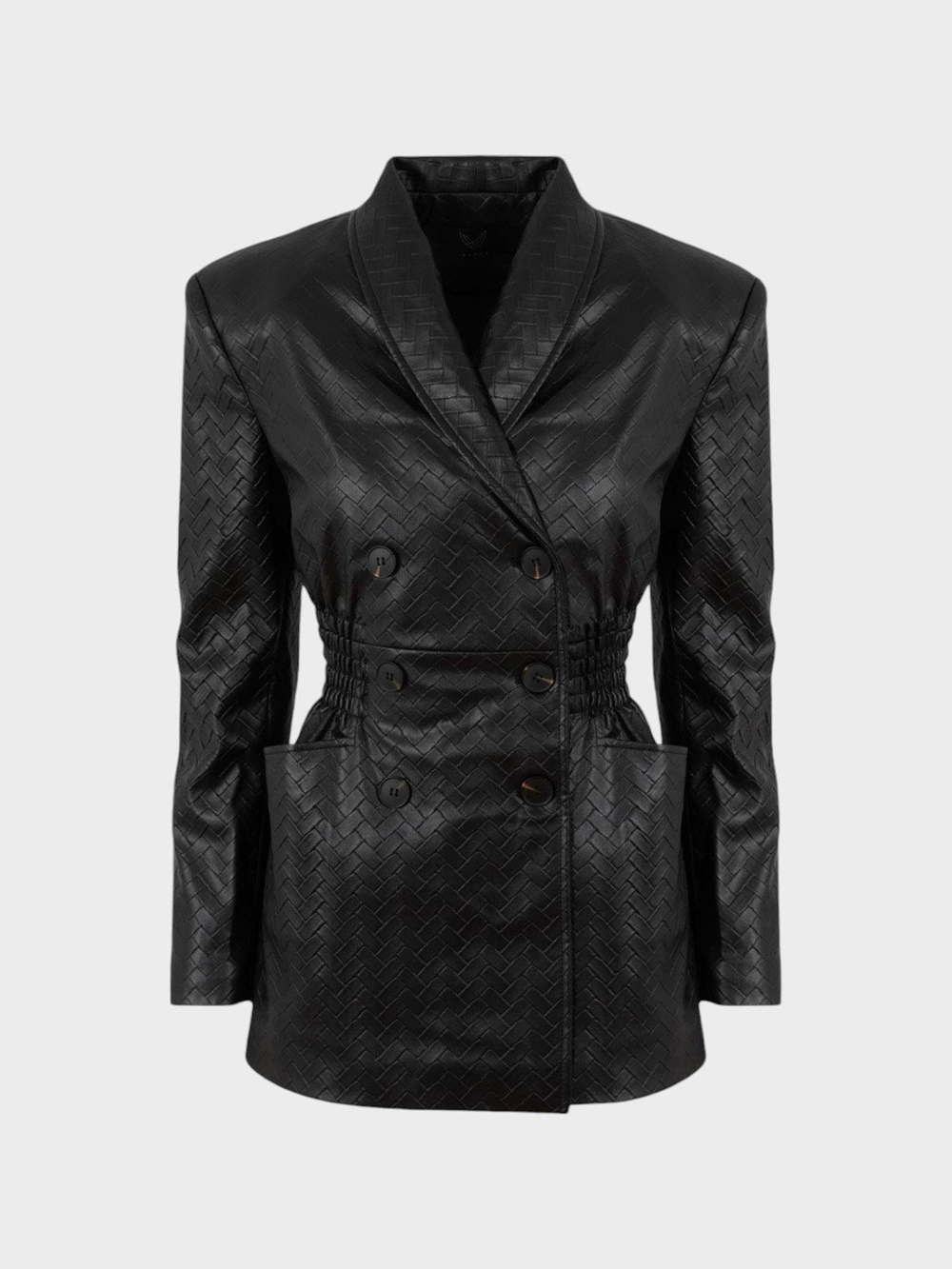 Beli Oturtmalı ve Düğmeli Vegan Örgü Deri Ceket - Siyah