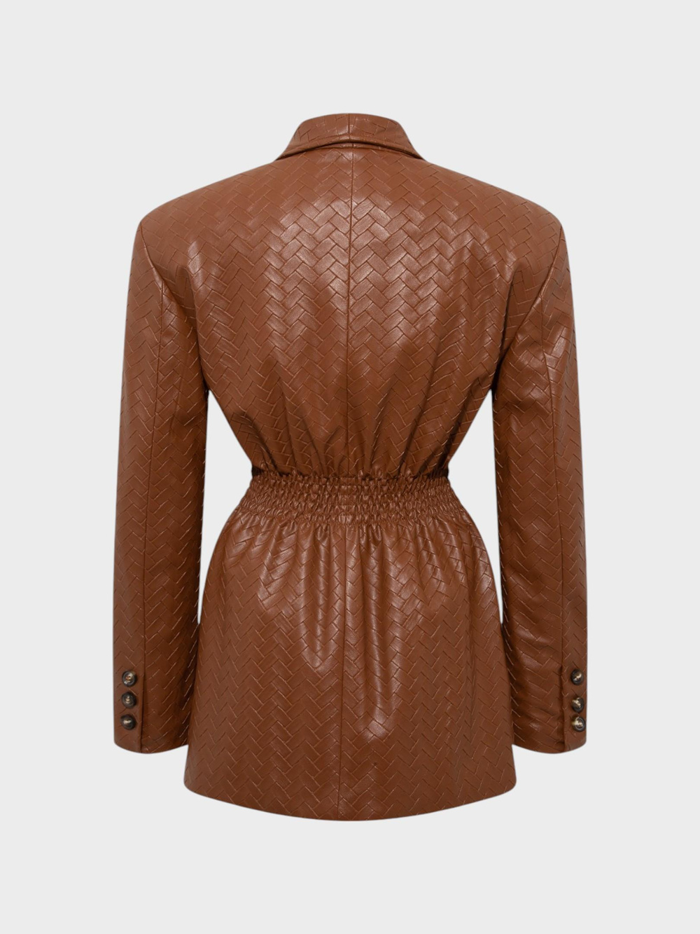 Beli Oturtmalı ve Düğmeli Vegan Örgü Deri Ceket - Taba