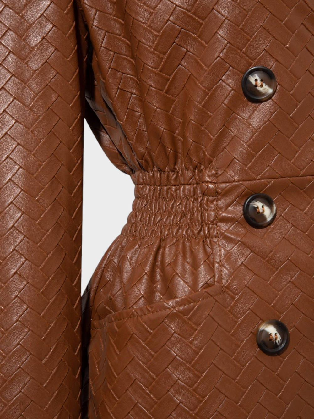 Beli Oturtmalı ve Düğmeli Vegan Örgü Deri Ceket - Taba