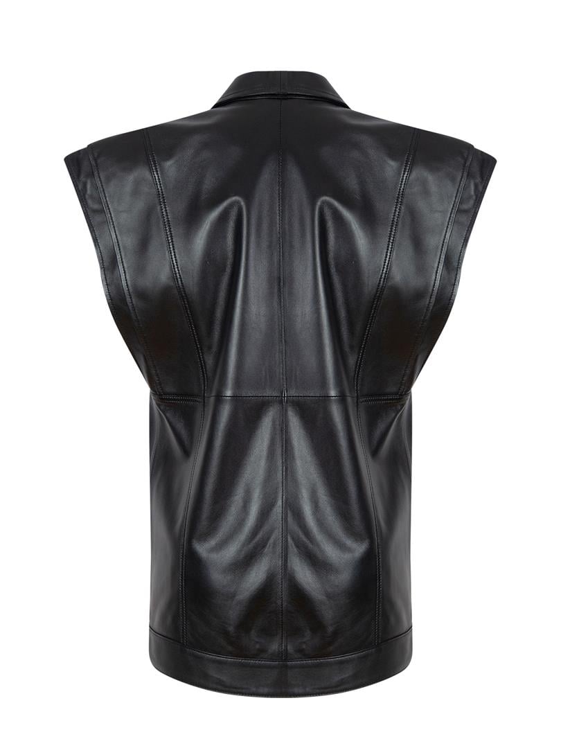 Büyük Düğmeli Deri Yelek - Siyah