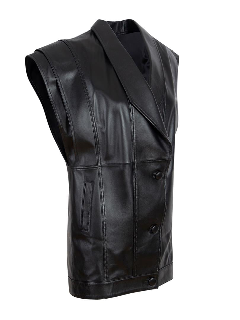 Büyük Düğmeli Deri Yelek - Siyah