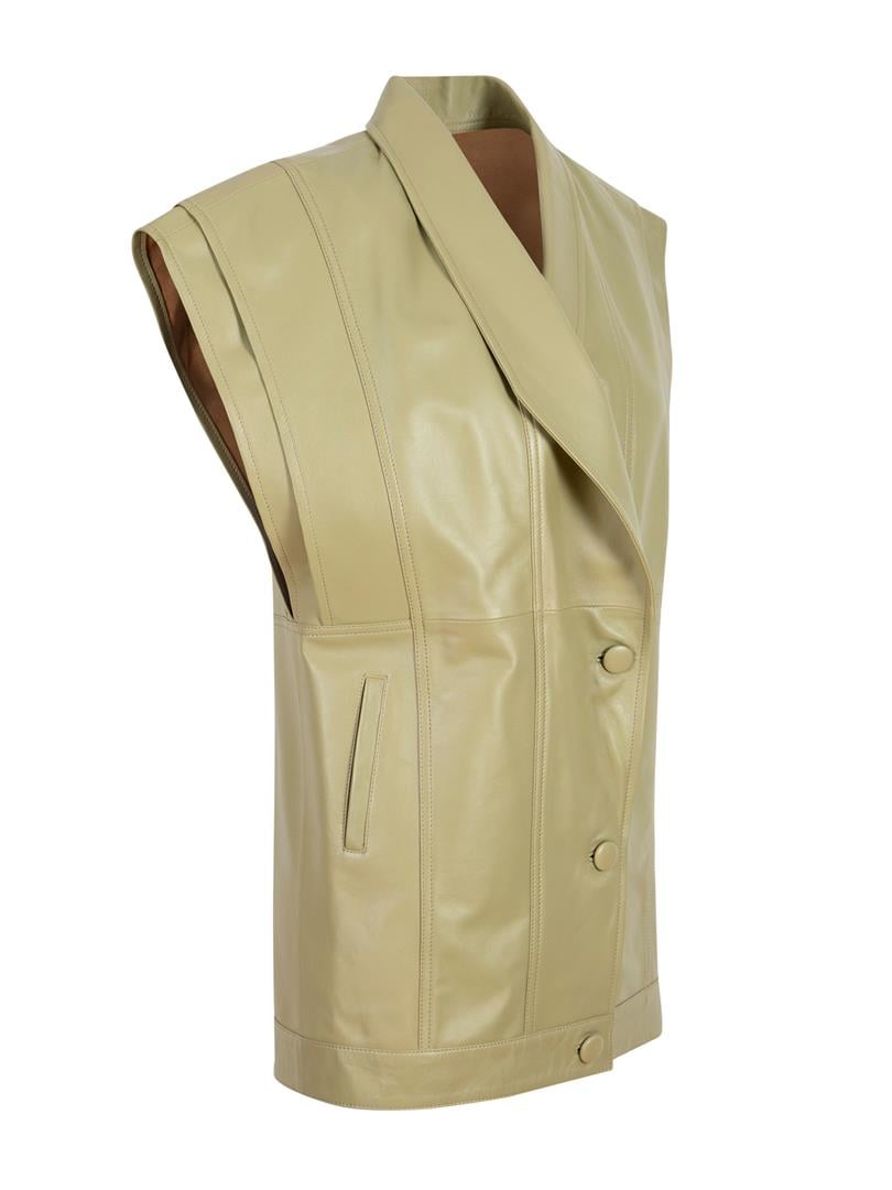 Büyük Düğmeli Deri Yelek - Yeşil