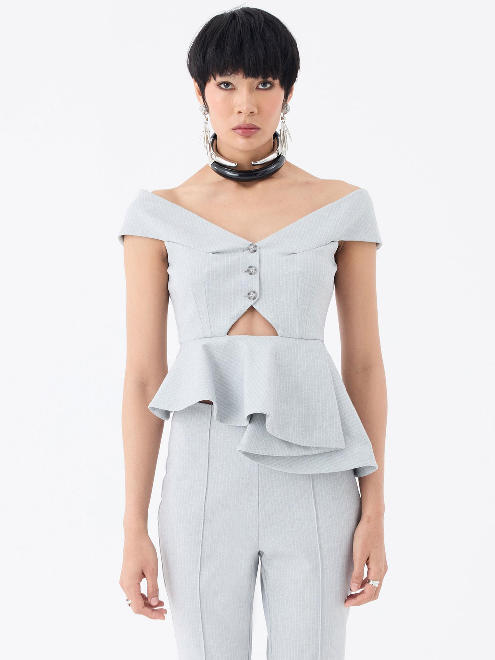 Çapraz Kayık Yaka Düğmeli Bluz - Gri Çizgili